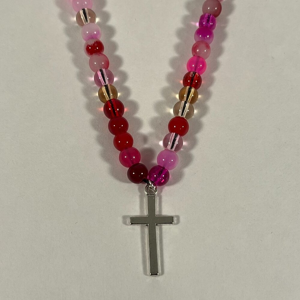 Silver Cross Red/Pink Glass Bead Necklace NWT